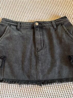 POL Black Denim Frayed Hem Mini Skirt